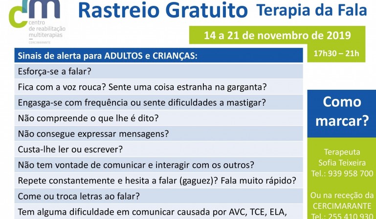 Rastreio Gratuito - Terapia da Fala - Centro de Reabilitação Multiterapias da Cercimarante